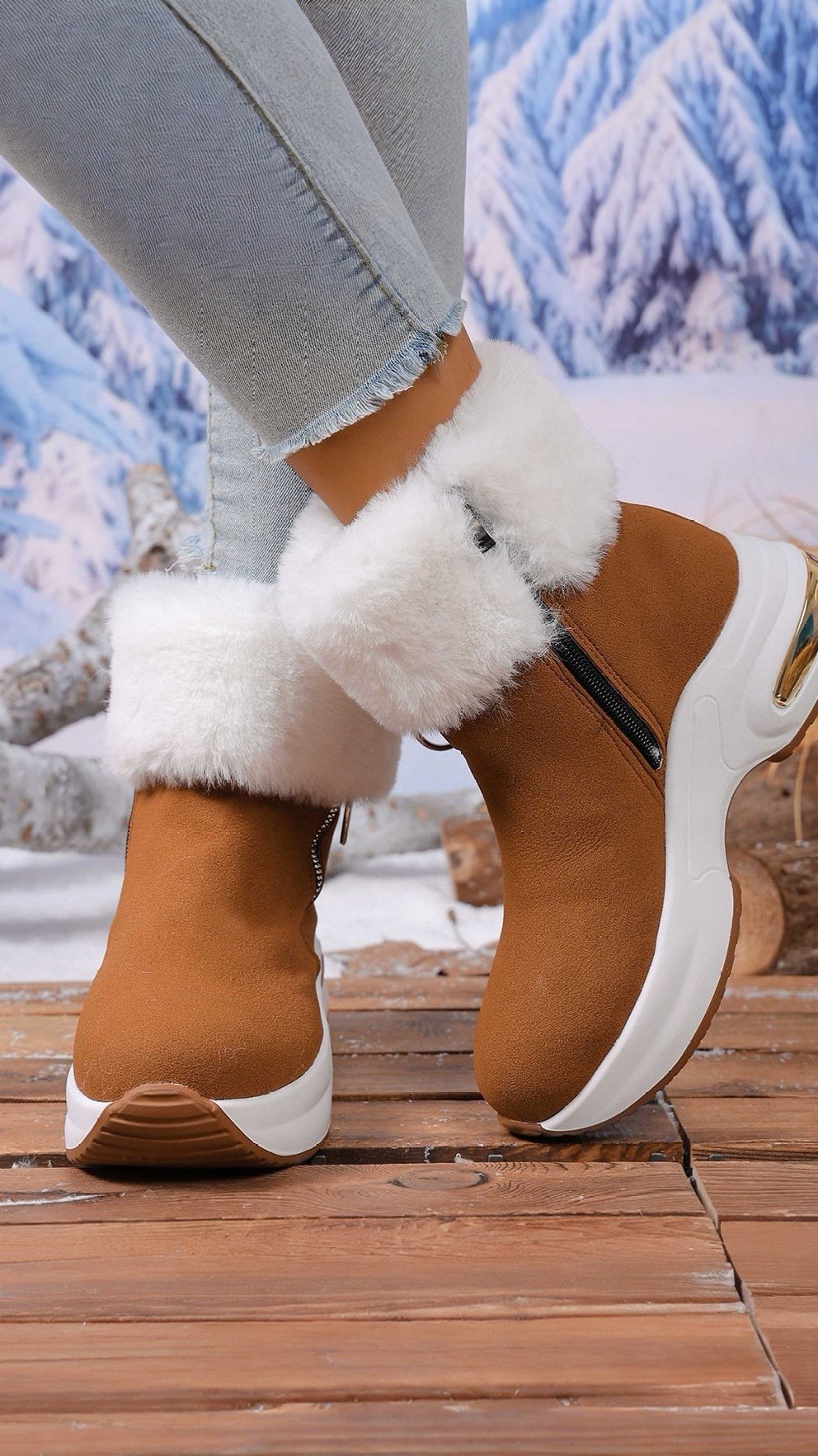 White Fleece-Lined Collar Brown Fashionable Casual Women's Shoes
